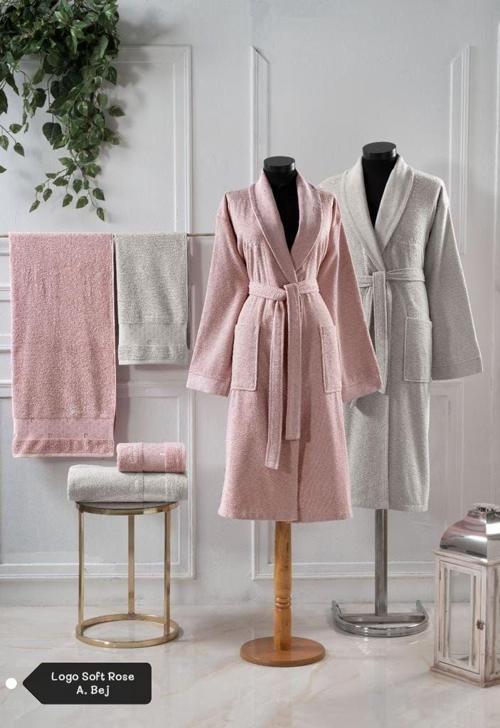 6 Parça Jakarlı Aile Bornoz Seti-Logo Soft Decorose A.Bej