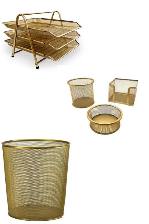 Metal Ofis Seti Gold (3' Lü Evrak Rafı, Kalemlik, Ataşlık,, Çöp Kovası )