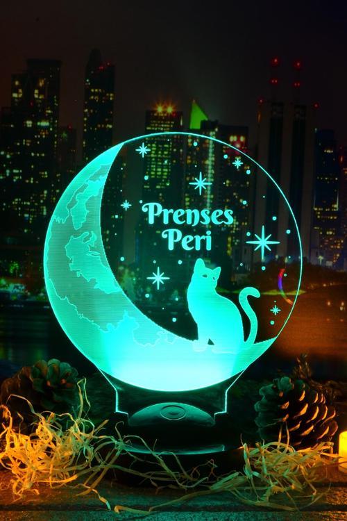 Kedili Ay Gökyüzü 3 Boyutlu Kişiye Özel Konsept Hediye Led Lamba