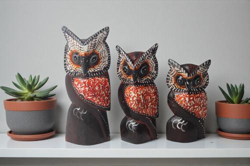 El Yapımı Doğal Ahşap 3lü Baykuş Heykel Biblo Seti Yeni Yıl Ev Ofis Hediyesi Raf Vitrin Bahçe Süsü 2