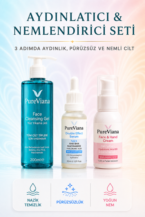 Aydınlatıcı & Nemlendirici Cilt Bakım Seti – 3’lü – Temizleme, Serum, Nemlendirici