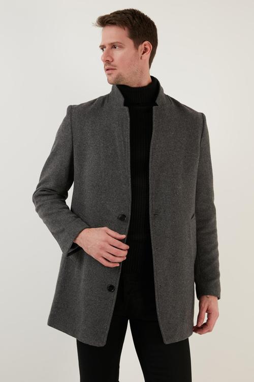 Slim Fit Tek Yırtmaçlı Dik Yaka Kaşe Erkek Kaban 6440401 GRİ