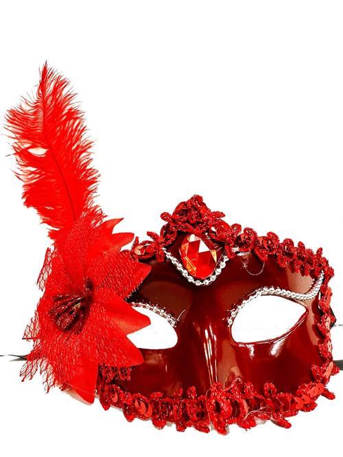 MDB Kırmızı Güllü ve Tüylü Venedik Maskesi