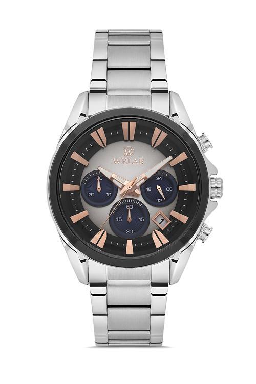 Wel2510-5 Erkek Kol Saati Kronometreli, Çelik Kasa Kordon, Su Geçirmez, Silver Renk