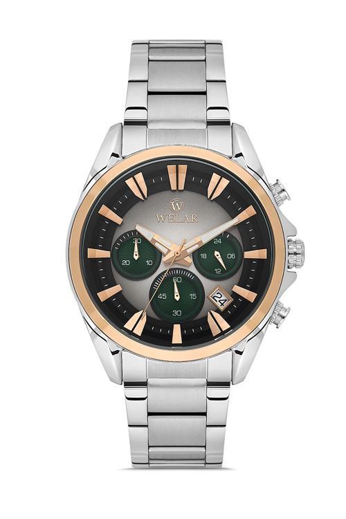 Wel2510-7 Erkek Kol Saati Kronometreli, Çelik Kasa Kordon, Su Geçirmez, Silver Gold Renk