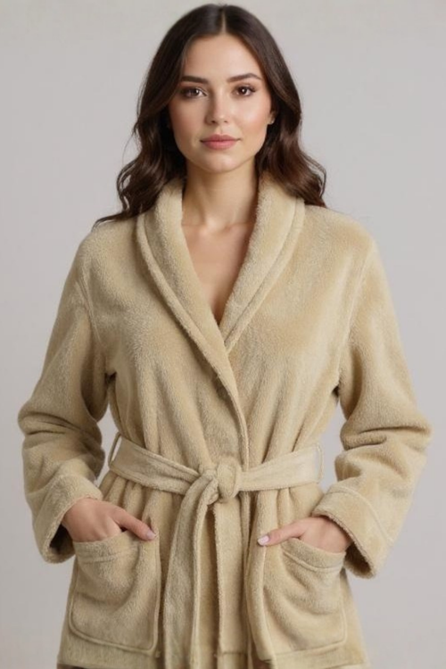 %100 Pamuk Bej Bornoz - Şalyaka Otel Bornozu, Spa Için Ideal, Günlük Kullanıma Uygun