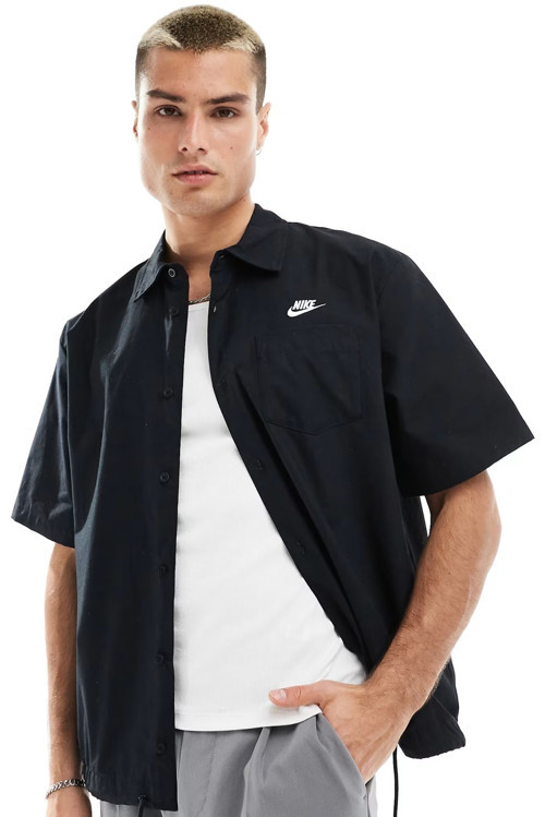 Club Woven Loose Fit Short Sleeve Shirt in Black Erkek Bol Kesim Dokuma Kısa Kollu Spor Gömlek Siyah