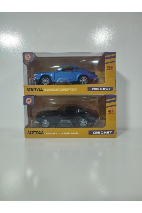 Nostalji 12 Cm Çek Bırak Mavi Porsche Ve Siyah Musteng 2 Li Set