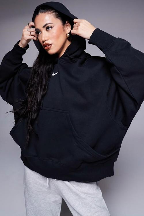 Mini Swoosh Oversized Hoodie Black Hoodie Kadın Oversize Kapüşonlu Sweatshirt Siyah