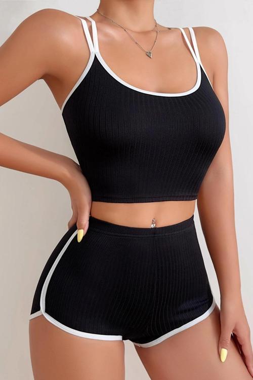 Kadın Siyah Beyaz Çapraz Lastik Detaylı Kaşkorse Şortlu Gecelik Takımı