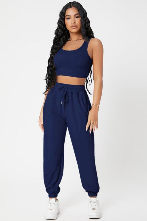 Kadın Lacivert Kaşkorse Cepli Jogger Eşofman Altı Ve Crop Top Bluz