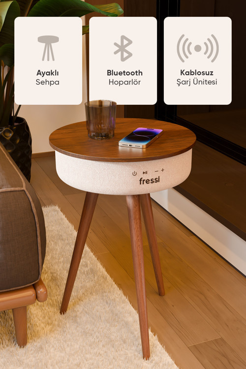 Bluetooth Hoparlör Hızlı Şarj Destekli Ahşap Ayaklı Kablolu Sehpa Speaker Fr-Sh2502 Nature
