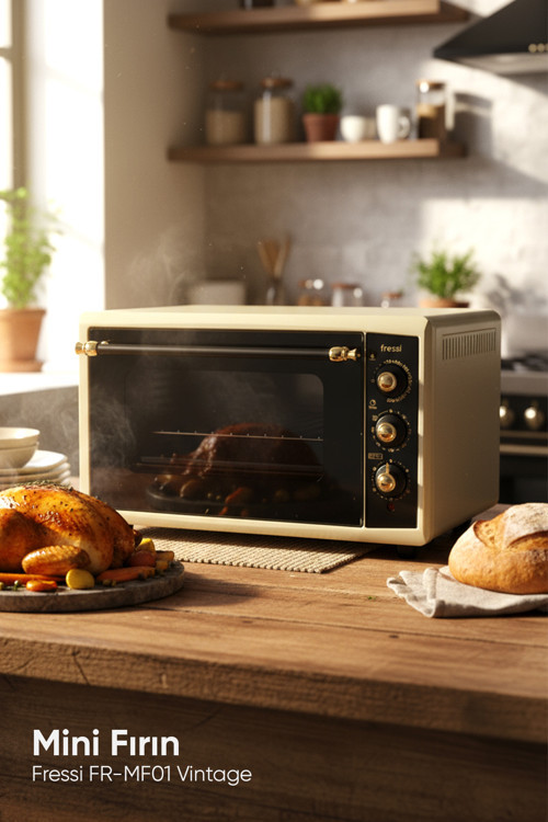 Fr-Mf01 Vintage Retro 46 Litre Turbo, Lambalı, Termostatlı, Saatli Midi Fırın