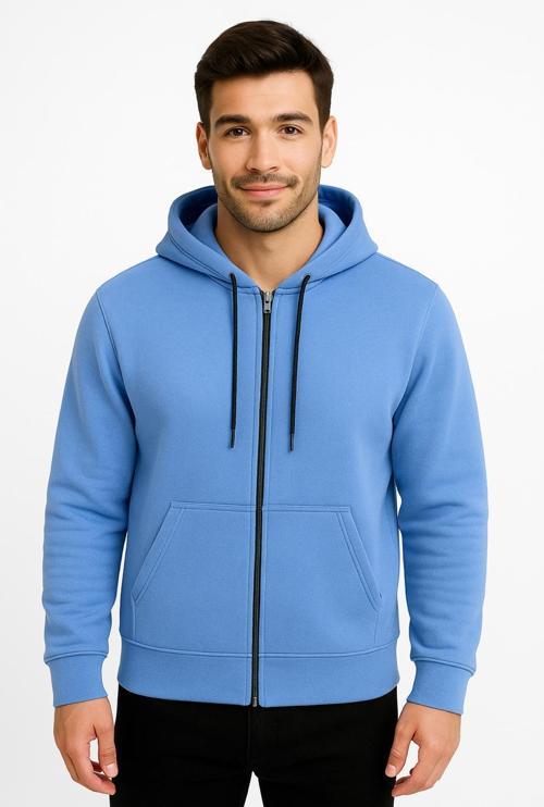Erkek Mavi Fermuarlı Kapüşonlu Sweatshirt 3 İplik Şardonlu-W590