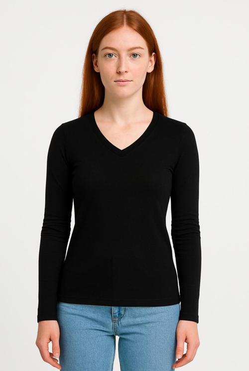 Kadın Siyah Uzun Kollu Unisex Kalıp T-shirt-D236-K