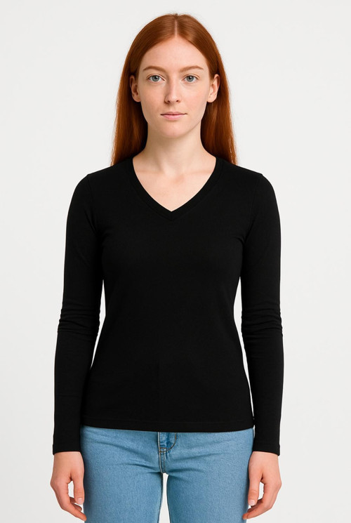 Kadın Siyah Uzun Kollu Unisex Kalıp T-shirt-D236-K