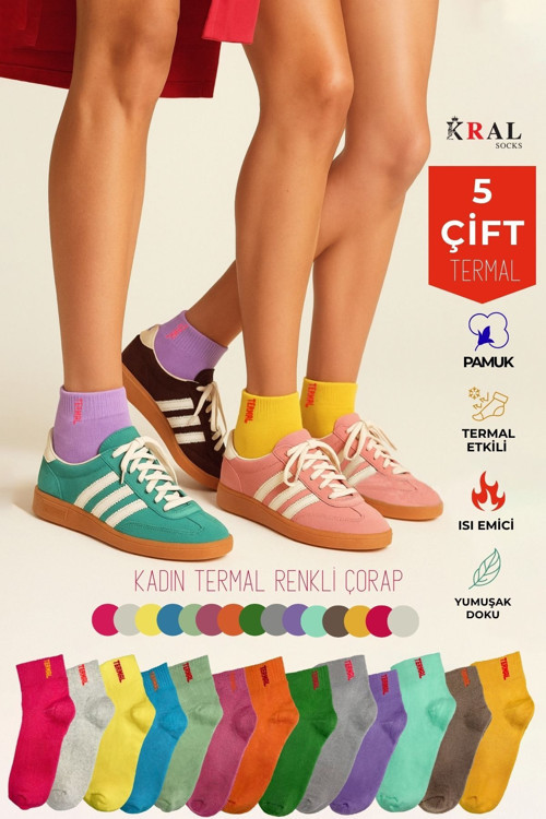 Kadın Çorap 5 Çift Renkli Termal Havlu Kışlık Çorap (Isı Emici)