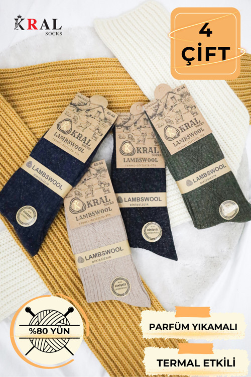 4'Lü Kışlık Thermal Etkili Ince Örgülü Çorap, Lambswool Yünlü (Kuzu Yünlü)
