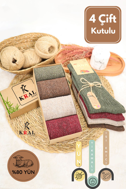 Kışlık (4 Çift) Lambswool Kadınlar Için Termal Kutulu Dikişsiz Yün Çorap