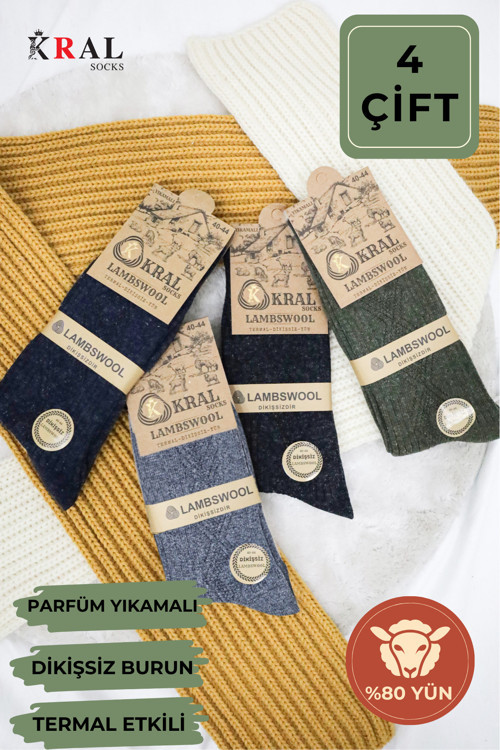4'Lü Thermal Etkili Ince Örgülü Kışlık Çorap Lambswool Yünlü (Kuzu Yünlü) (40-44 Numara).