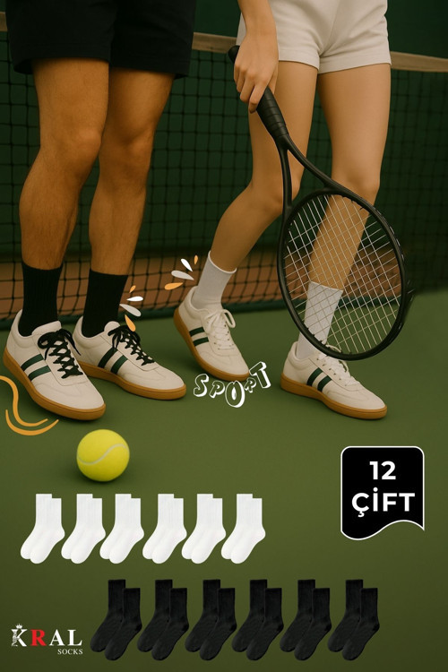Unisex Siyah-Beyaz 12 Çift Pamuklu Tenis Spor Uzun Soket Boy Çorap
