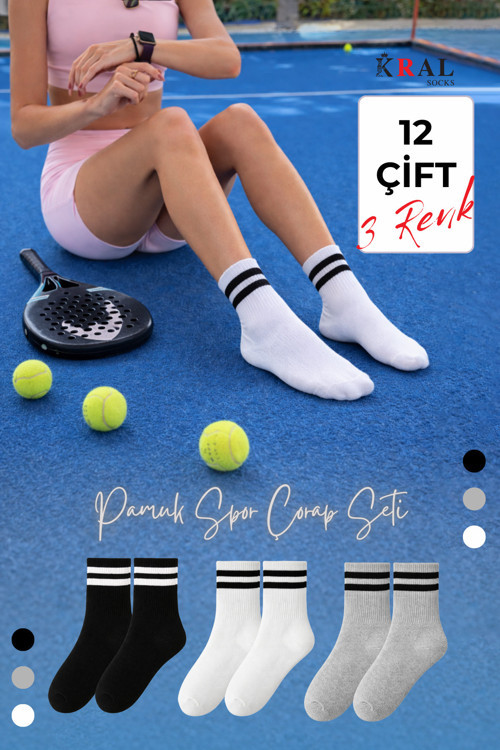 Erkek Kadın (12 Çift) Çizgili Kolej Tenis Çorabı Pamuklu Terletmez Çorap