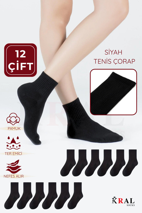 12 Çift Spor Tenis Kolej Çorabı | Pamuklu – Nefes Alabilir – Unisex
