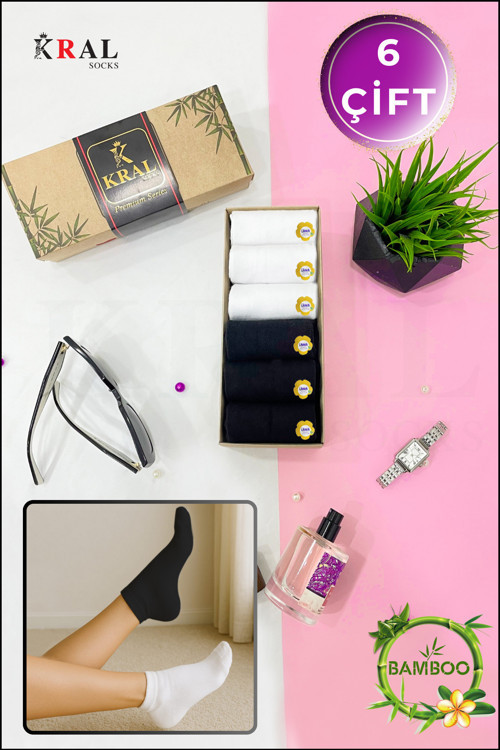 Kadın Bambu Çorap ( 6 Çift) Renkli Hediye Kutulu Patik Kadın Çorap