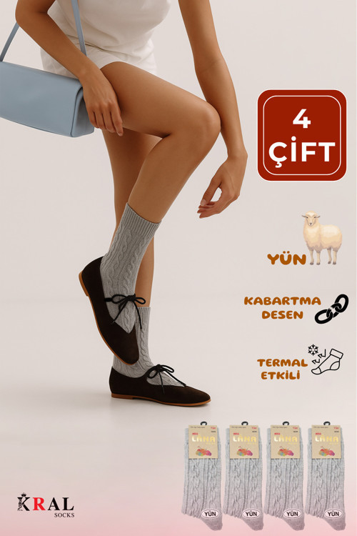 Kadın Yün Çorap (4 Çift) Kışlık Termal Etkili Soft Yünlü Doku