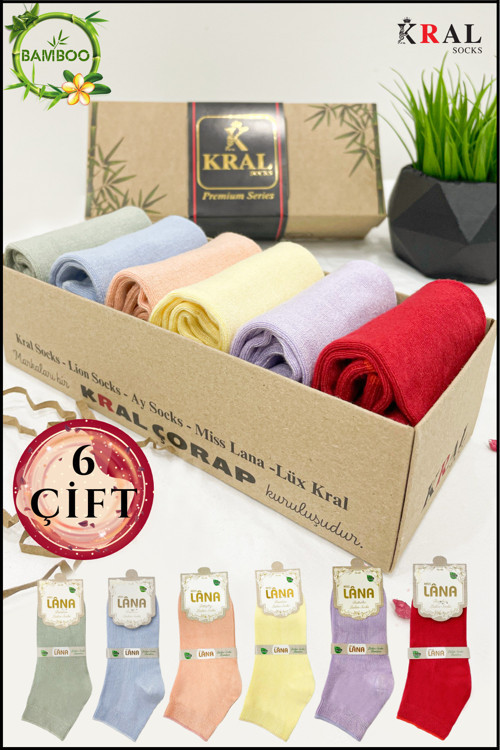 Kadın Bambu Çorap ( 6 Çift) Renkli Hediye Kutulu Patik Kadın Çorap