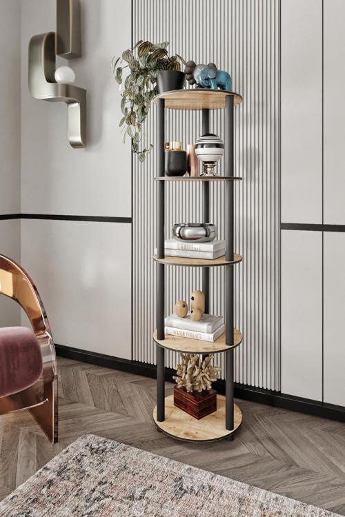 Dekoratif MASİVO KİTAPLIK 5 Katlı 34 çap YUVARLAK Çok Amaçlı Raf