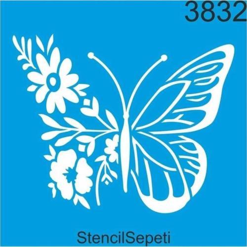 Kelebek ve Çiçekler Deseni Stencıl Şablon ST3832- 20x20cm