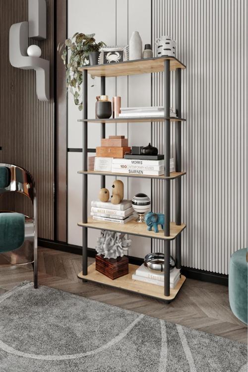 Dekoratif Masivo Kitaplık 5 Katlı 30x60 Dikdörtgen Çok Amaçlı Raf Safir Meşe