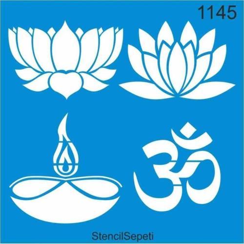 Lotus Çiçeği ve Om Sembolü Deseni Stencıl Şablon ST1145- 30x30cm