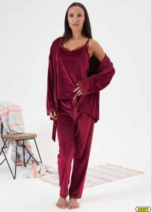 Estiva 24397 Bayan Kadife 3'lü Pijama Takım