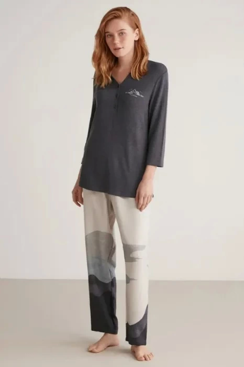 Nautıca W604 Kadın Patlı V Yaka Uzun Kollu Pijama Takımı
