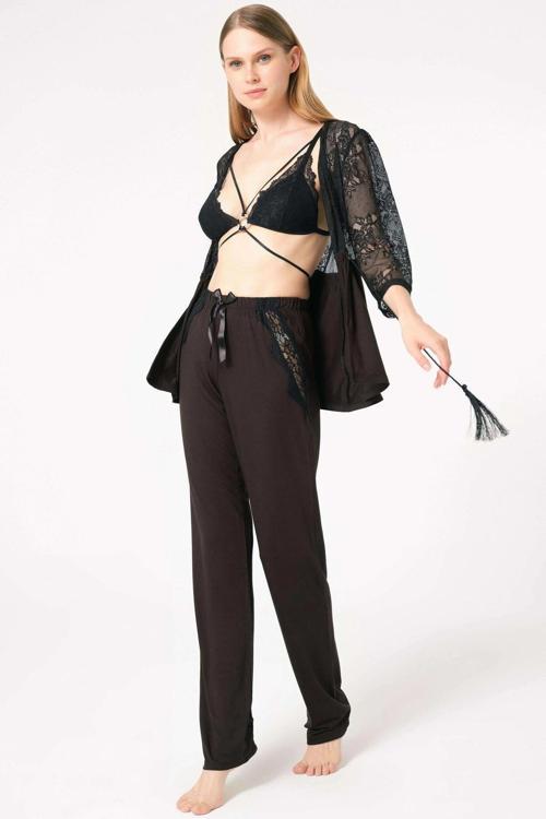 MDB MdbShop Dantelli Sabahlık Balensiz Desteksiz Dolgusuz Yaka Detaylı Sütyen ve Pantolon Pijama 3lü