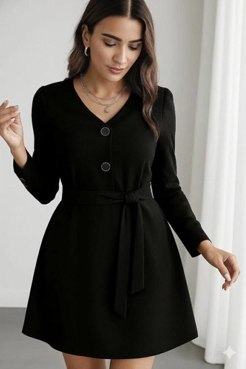 MDB Kadın Uzun Kollu Düğme Detaylı Kendinden Kemerli Ithal Krep Elbise