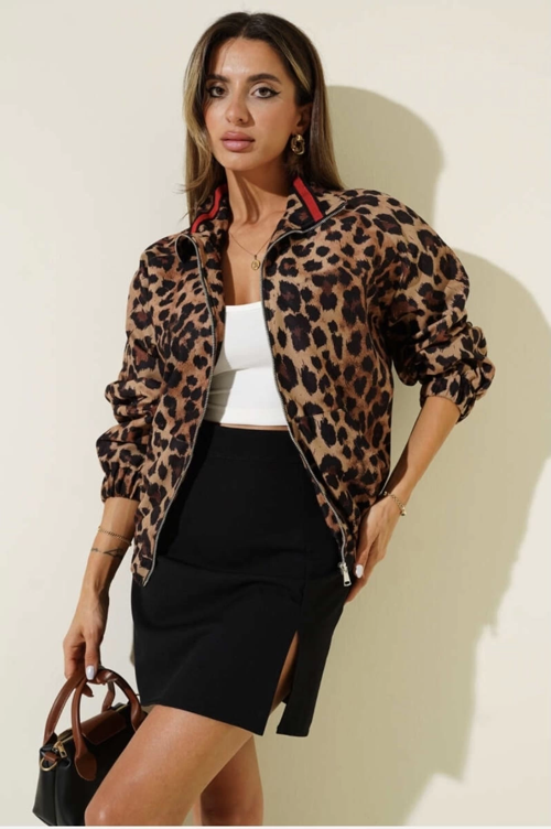 Leopar desenli astarlı ceket siyah t1192