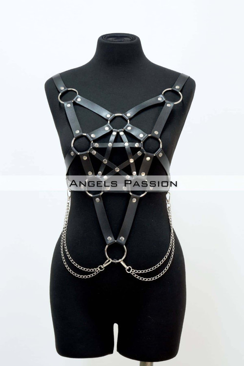 Zincir Detaylı Şık Deri Göğüs Harness, Büstiyer Harness, Deri Göğüs Harness- Brf1399