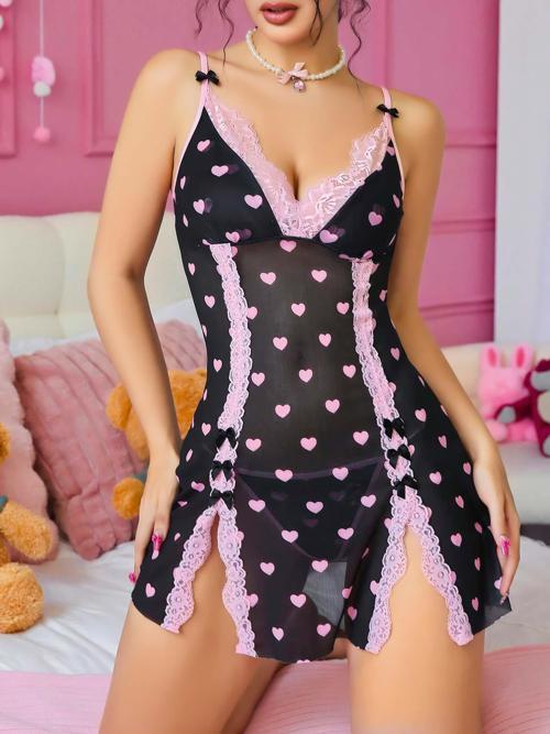 Siyah Kalp Desenli Dantel İşlemeli Fantezi Gecelik