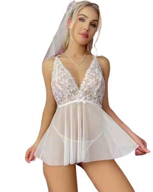 Fantezi Beyaz Dantelli Transparan Tül Etekli Seksi Elbise Gecelik