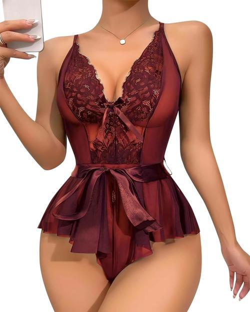 Bordo Dantel İşlemeli Kurdelalı Fantezi Tül Babydoll