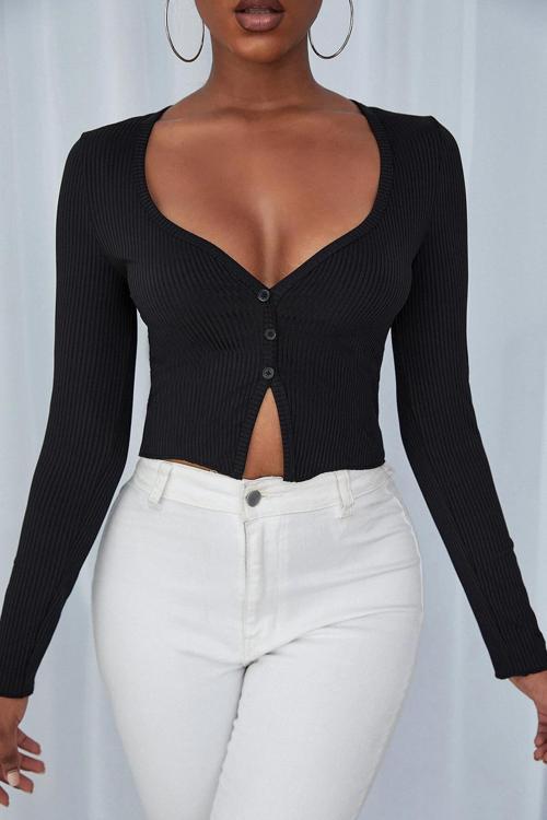 Kadın Siyah Uzun Kollu Düğmeli Göğüs Ve Göbek Dekolteli Crop Top Bluz