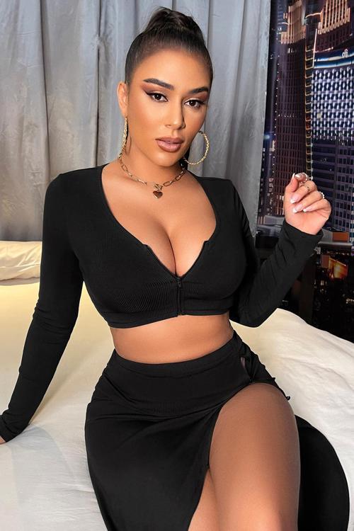 Kadın Siyah Uzun Kol Göğüs Ve Göbek Dekolteli Fermuarlı Crop Top Bluz