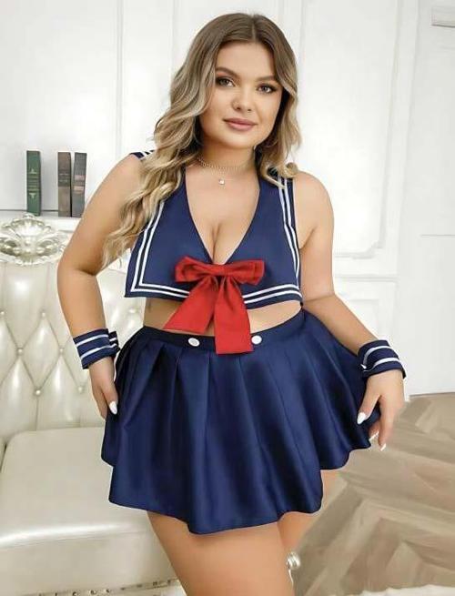 Büyük Beden Lacivert Büstiyerli Kurdela Detaylı Mini Etekli Fantezi Denizci Kostümü