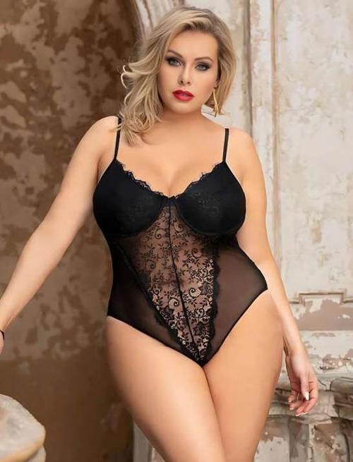 Büyük Beden Siyah Dantel İşlemeli Tül Fantezi Babydoll