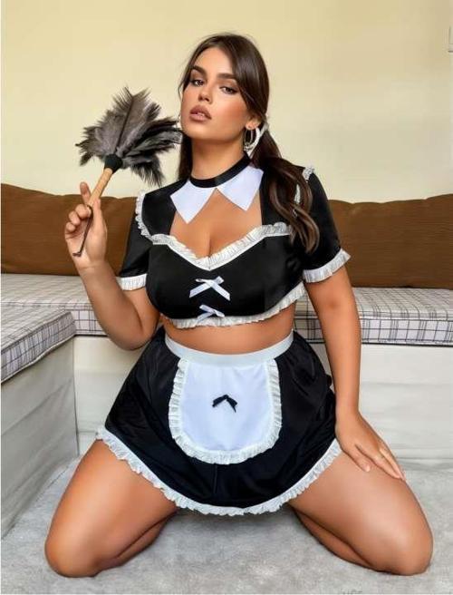 Büyük Beden Mini Etekli Büstiyerli Fantezi Hizmetçi Kostümü