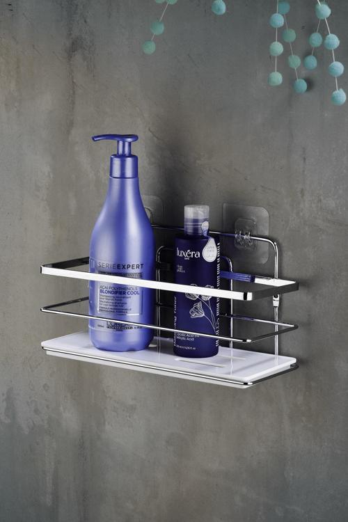 Yapışkanlı Ömür Boyu Paslanmaz Kristal Ayarlanabilir Raf Banyo Düzenleyici Şampuanlık Krom - Beyaz L