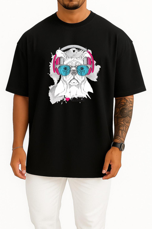 Oversize Funny Dog With Eyeglasses And Headphones Göğüs Tasarımlı Unisex T-Shirt